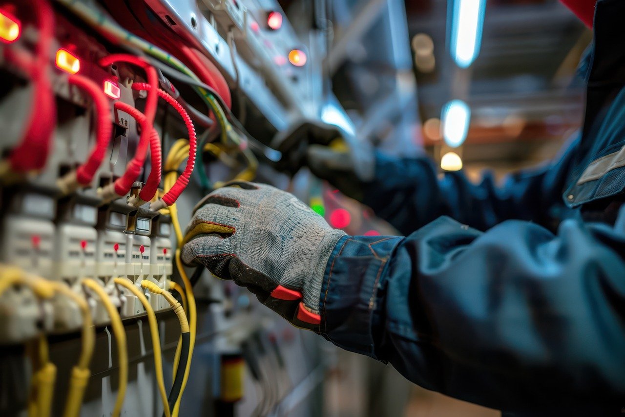 A skilled electrician working on electrical wiring inside a switchboard, ensuring safe and efficient electrical installations.
